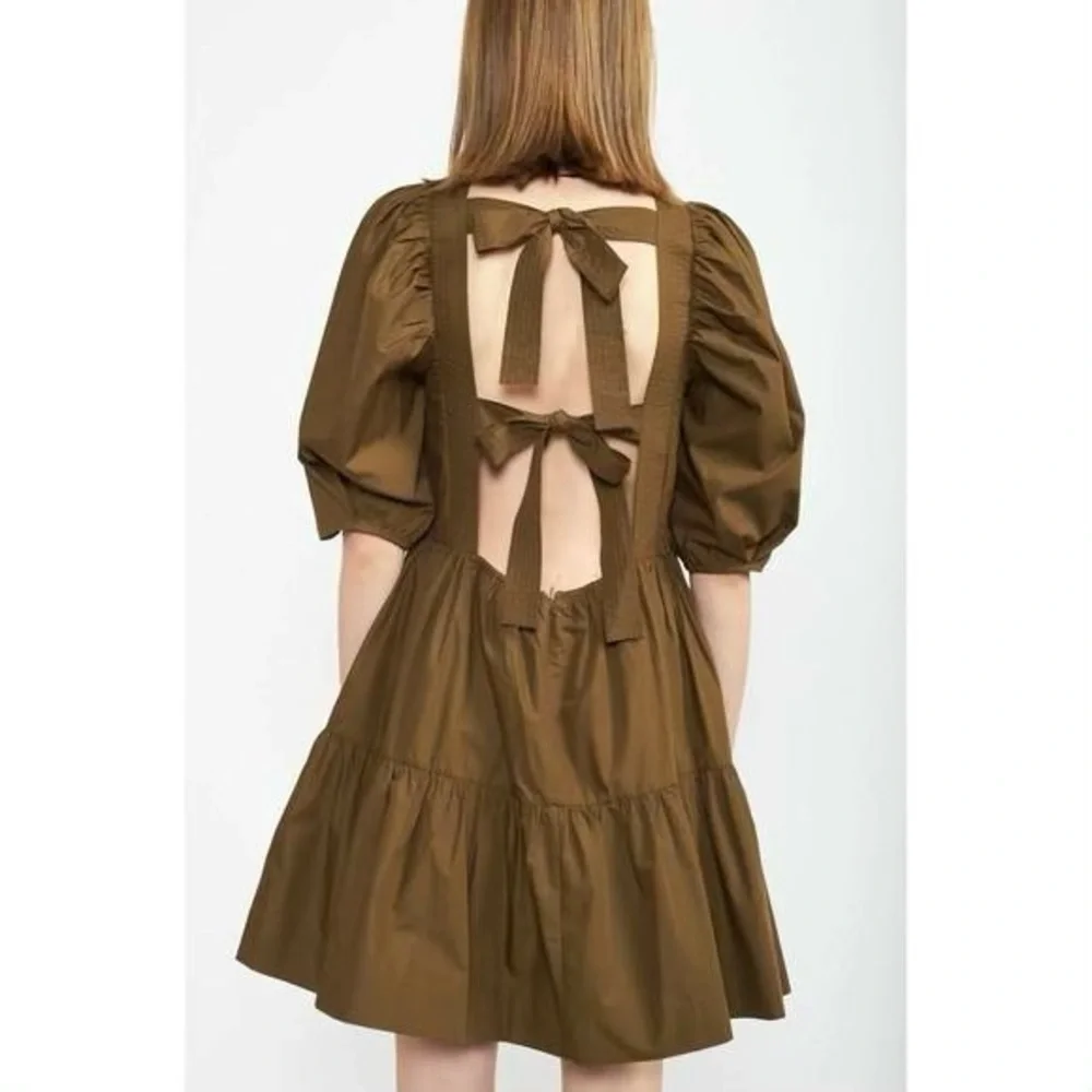 En Saison Gilda Tie-Back Poplin Mini Dress Puff Sleeve Square Neck Size Small S - Picture 2 of 7